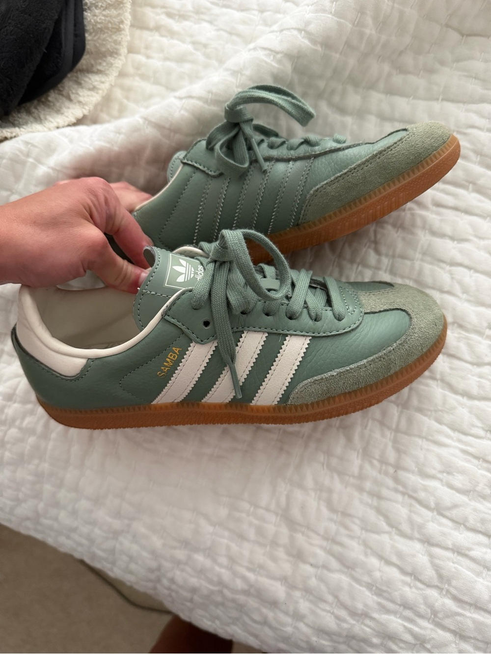 adidas Samba Athletic Shoes in Sage Green with White Stripes and Gum Sole